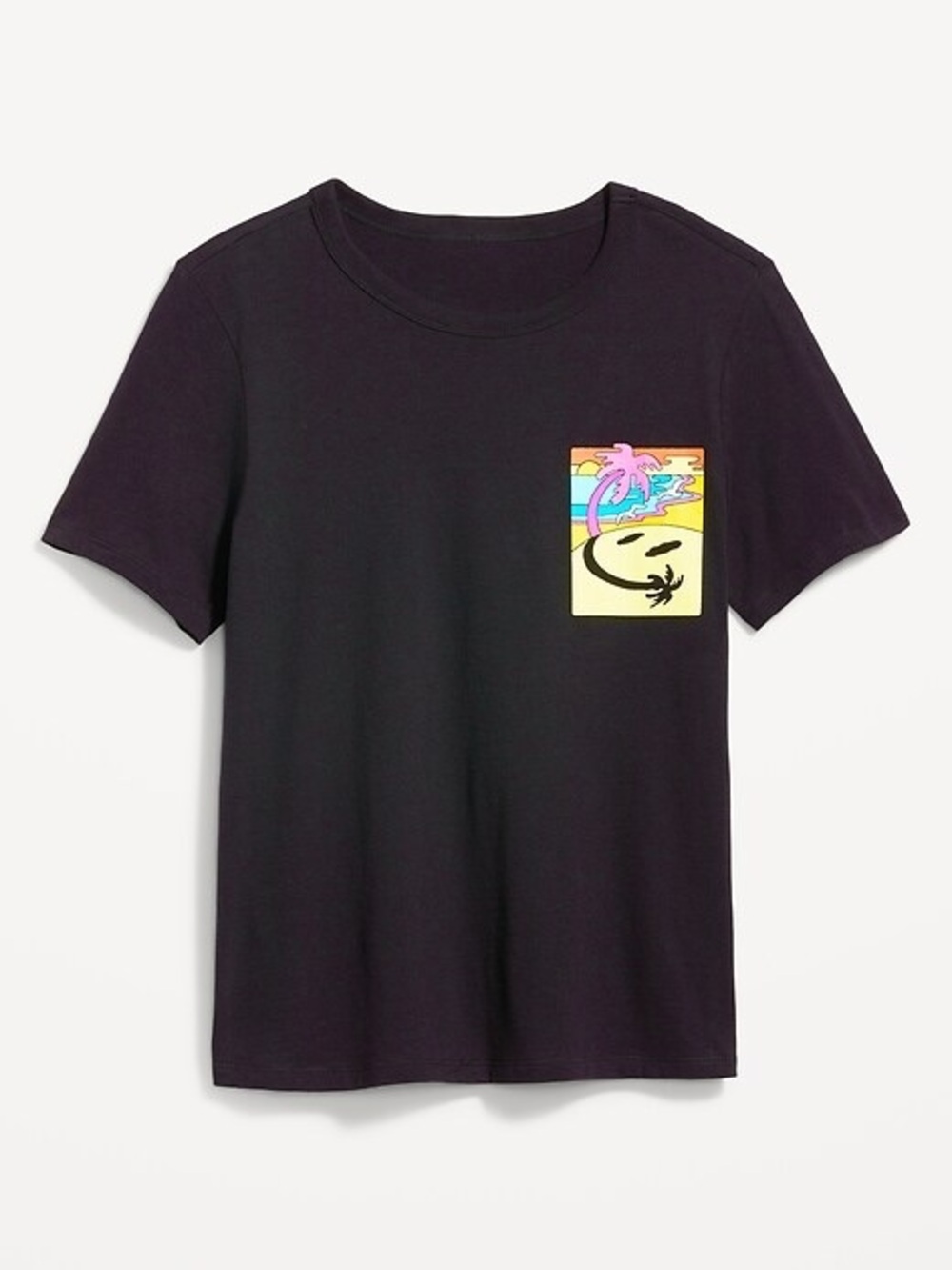 Old Navy Cotton Black EveryWear Graphic T-Shirt Happy Face Short Sleeve Crew Tee